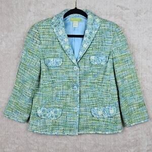 Sigrid Olsen Tweed Blazer 10 Retro Floral Groovy Colorful 60s Mod Preppy Blue